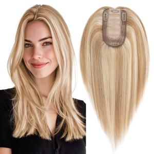 MY-LADY Human Hair Toppers for Women Real Human Hair Thin 7 * 13CM Silk Base with Lace Clip in Remy Hairpieces 150% Density 14 Inch Golden Brown & Bleach Blonde