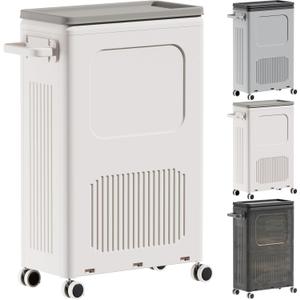 Slim Laundry Hamper with Lid, Rolling Laundry Basket with Wheels, 50L Tall Laundry Basket Plastic Made for Free Standing and Long Use, Handle and Wheels Easy to Transport to Laundry Room (1pack, milky white)