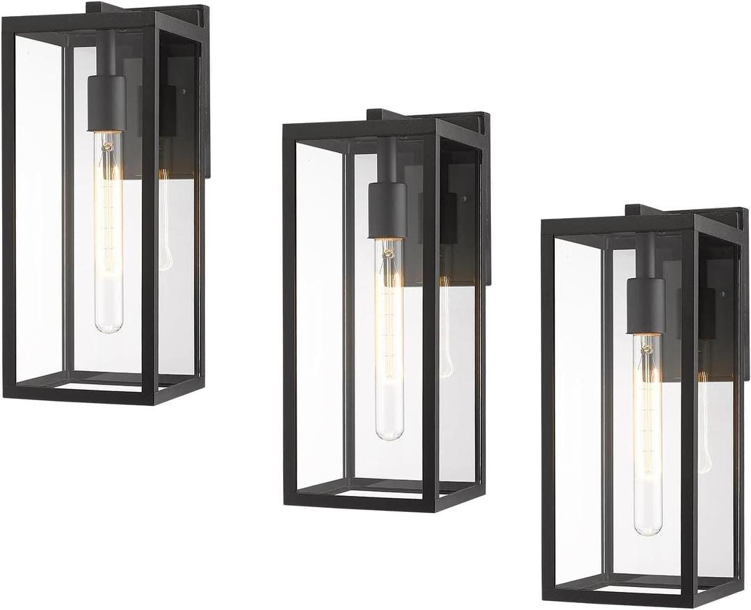 Bestshared Outdoor Wall Lantern, Anti-Rust Outdoor Wall Sconce Light Fixtures, Front Door Mount Light, Exterior Lighting Fixture, Porch Lamp with Clear Glass (Black, 3 Pack)
