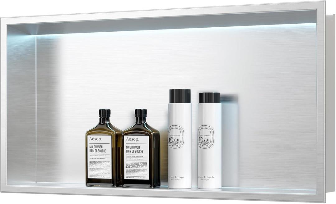 Stainless Steel Shower Niche 24" X 12", No Tile Needed Wall Niche with RGB Led Light, Recessed Niche Shower for Bathroom Storage Over Mount Installation, Brushed Nickel