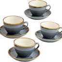 SHUER Ceramic Cappuccino Cup Set of 4, 11.2 OZ Cups and Saucers Set,Coffee Mocha Cup Sets,Black Coffee Cups and Glaze Americano Mug Great for Party and Low Tea Time (Blue 320ml)