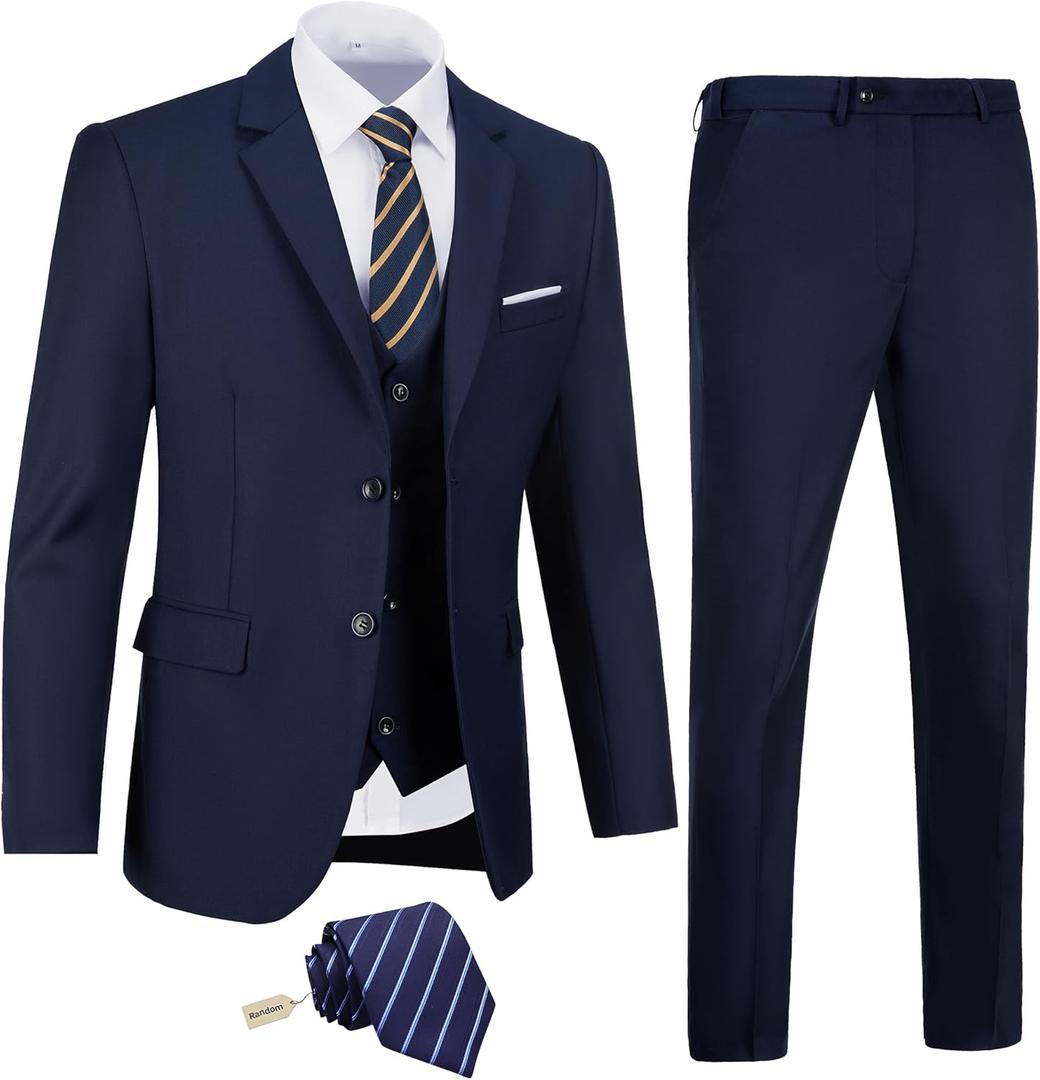 Men Suits Slim Fit Navy Blue Business Wedding 3 Piece Tux Groomsmen Prom Blazer Jacket Vest Pants with Tie Men Suit Set XS