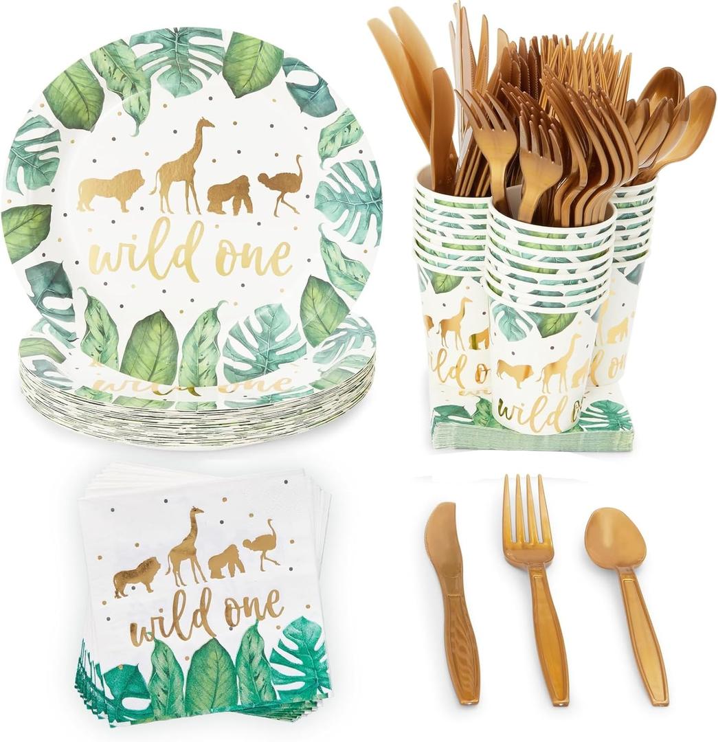 Sparkle and Bash 144-Piece Wild One Safari Party - 9in Paper Plates, 8oz Cups, 6in Flatware & 2-Ply Napkins - Disposable Jungle Tableware & Utensils