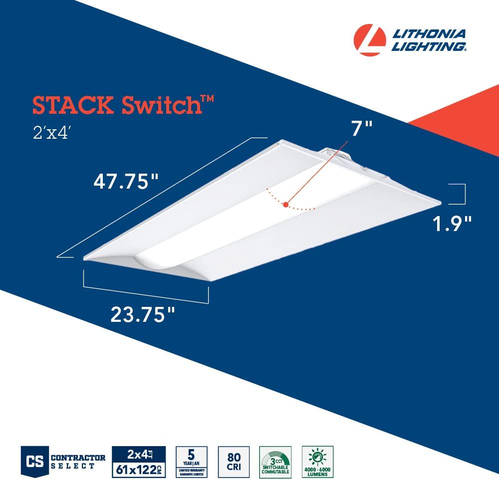 Lithonia Lighting STAKS 2X4 ALO6 SWW7 LL Stack LED Troffer Downlight with 4000 to 6000 Adjustable Lumens and 3500 to 5000K Switchable CCT, 2 Feet by 4 Feet, White
