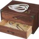 Kichvoe Vintage Wooden Drawer Storage Box with 2 Drawers Compact Desktop Organizer Cabinet for Office Supplies Jewelry Makeup and Home Desk 9.44X7.08X5.11 Inches (24.00X18.00X13.00CM)