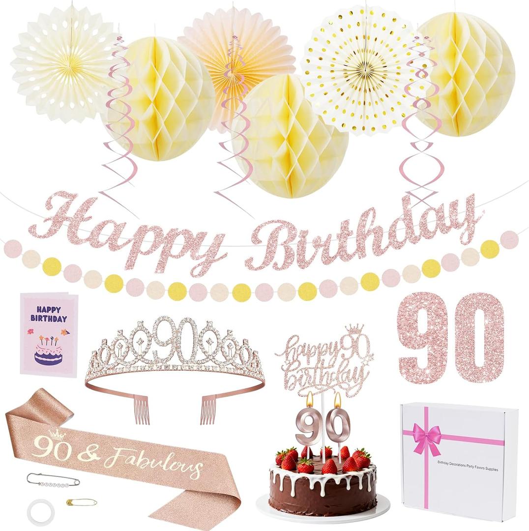 3 x 90th Birthday Decorations Set for Women - Queen Crown, Sash, Card, Cake Topper & Candles, Rose Gold Happy Banner with Paper Honeycomb, Poms Fan, Streamers, Gift Kit – 90 & Loved Birthday Party