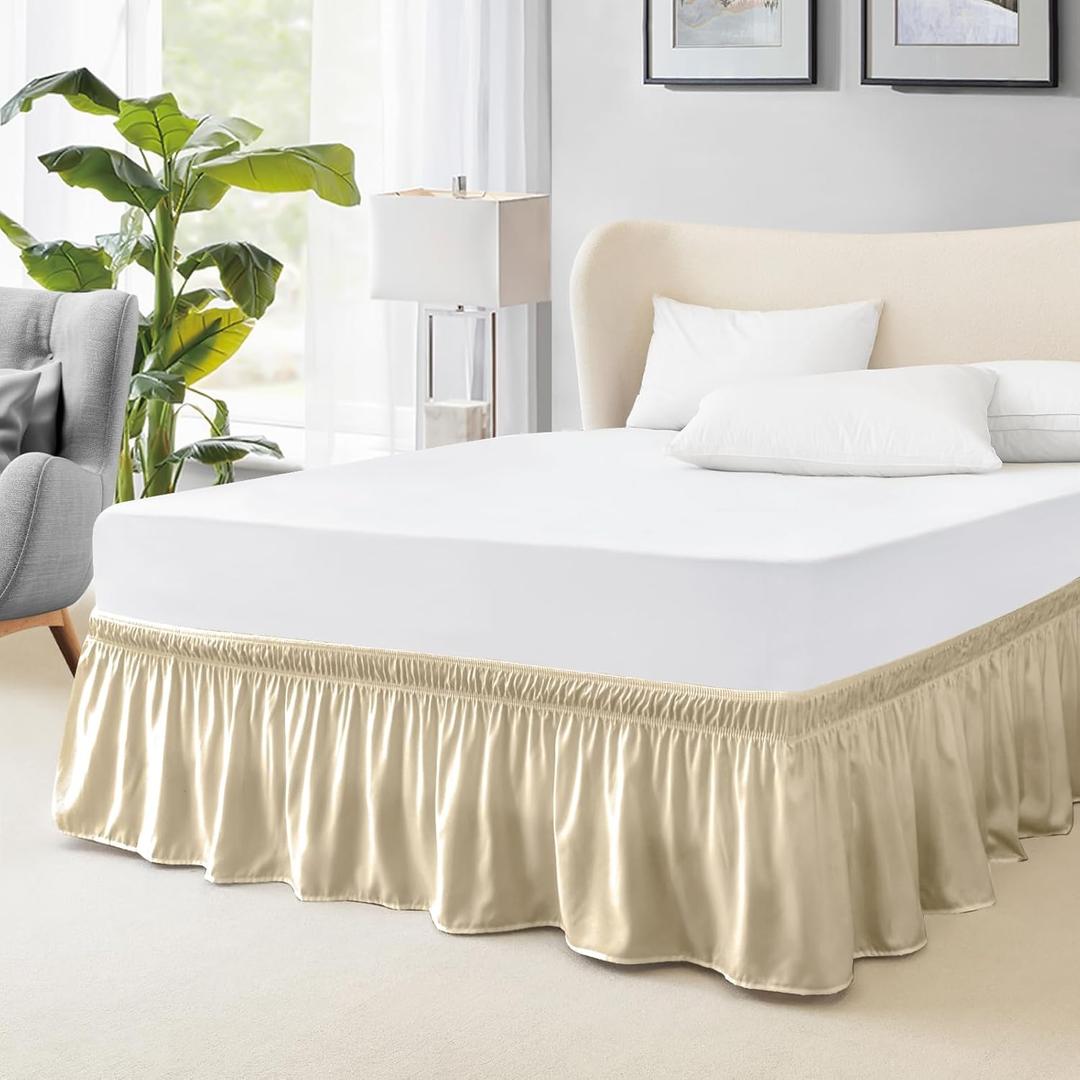 FreshCulture Twin Bed Skirt, Elastic Wrap Around Bed Skirt Twin Bed, Easy Fit with 15-Inch Tailored Drop, Hotel Quality Bed Skirts for Adjustable Bed (Beige)