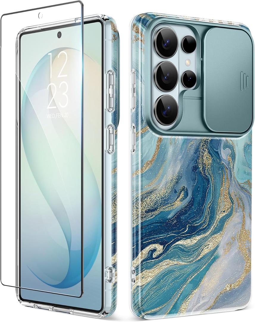 GVIEWIN for Samsung Galaxy S26 Ultra Case with Slide Camera Cover, [Screen Protector] [Shockproof Military Grade Drop Protection] Marble Slim Fit Hard PC Phone Cover S26 Ultra 6.9" 2026 (Chrysocolla)