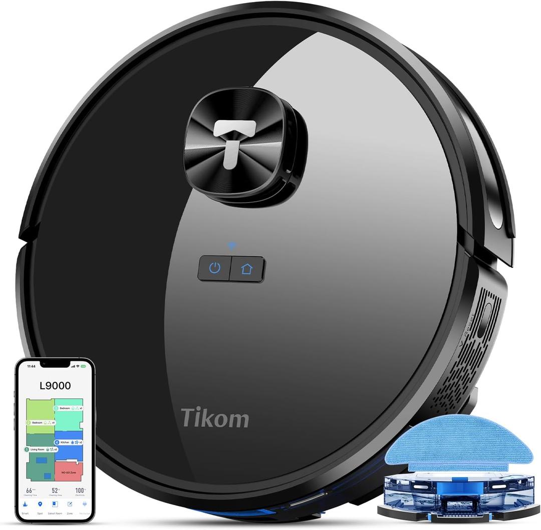 Tikom L9000 Robot Vacuum and Mop Combo, LiDAR Navigation, 4000Pa Robotic Vacuum Cleaner, Up to 150Mins, Smart Mapping, 14 No-go Zones, Good for Pet Hair, Carpet, Hard Floor