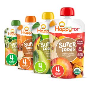 Happy Tot Organics Stage 4 Baby Food Pouches, Gluten Free, Vegan Snack, SuperFoods Fruit & Veggie Puree & Chia Variety Pack, 4.22 Ounce (Pack of 16), Best By: 04/12/25