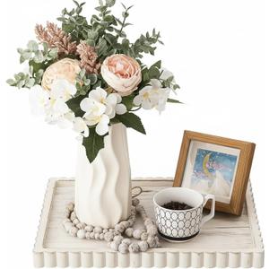 Lounsweer Wood Decorative Tray for Home Decor, 14'' x 10'' Wooden Serving Tray for Coffee Table Centerpiece Dining Kitchen Island Decoration Bathroom Counter Display (White Color,Pine)