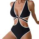 Women's Deep V Neck One Piece Swimsuit O-Ring Swimwear Sexy Cut Out Bathing Suit, Size: M
