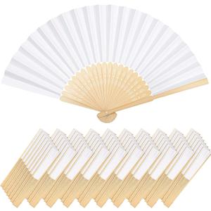 Yookeer 70 Pieces White Paper Hand Held Fan Bamboo Paper Folding Fans for Weddings Foldable Wood Wedding Fans for Guest Bridal Shower Dancing Party DIY Craft Photo Props Wall Decoration