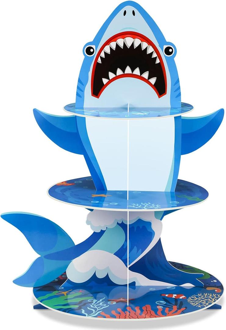 Zopeal 3 Tier Shark Party Cupcake Stand Decorations Under the Sea Theme Cupcake Holder Ocean Animal Dessert Tower for Ocean Theme Party Fishing Birthday Favor(Shark)