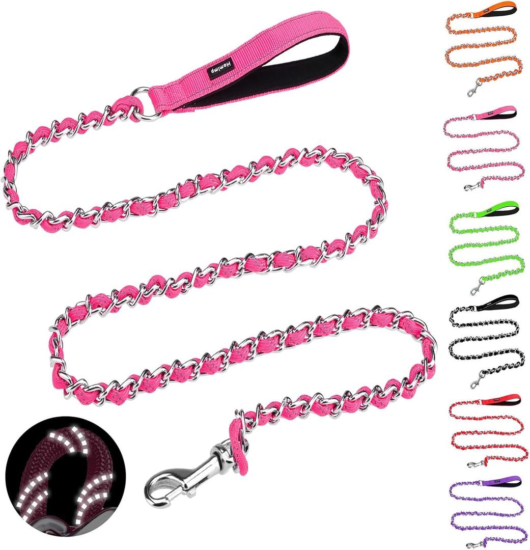 HOMIMP Chew Proof Dog Leash for Medium Large Dogs, Reflective 6 FT Heavy Duty Metal Chain Dog Leashes with Soft Padded Handle, Anti Bite Durable Rope Leashes for Pitbull, Non Chewable (Pink)