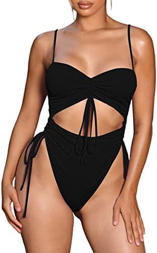 Viottiset Women's Cut Out Drawstring One Piece Swimsuit Cheeky High Cut Bathing Suit M