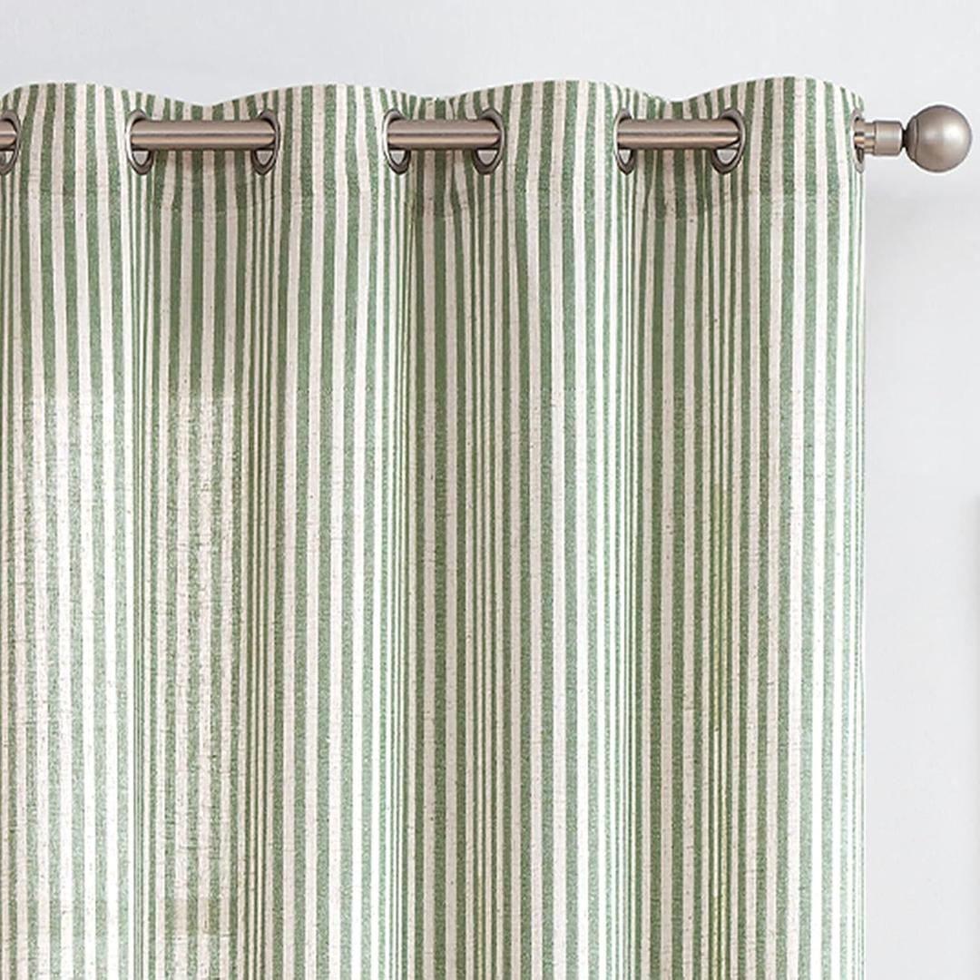 COLLACT Green Striped Linen Curtains 84 Inch Length for Living Room Farmhouse Pinstripe Pattern Curtains Light Filtering Drapes Grommet Top Window Treatments, W50 x L84, 2 Panels Sage Green on Beige