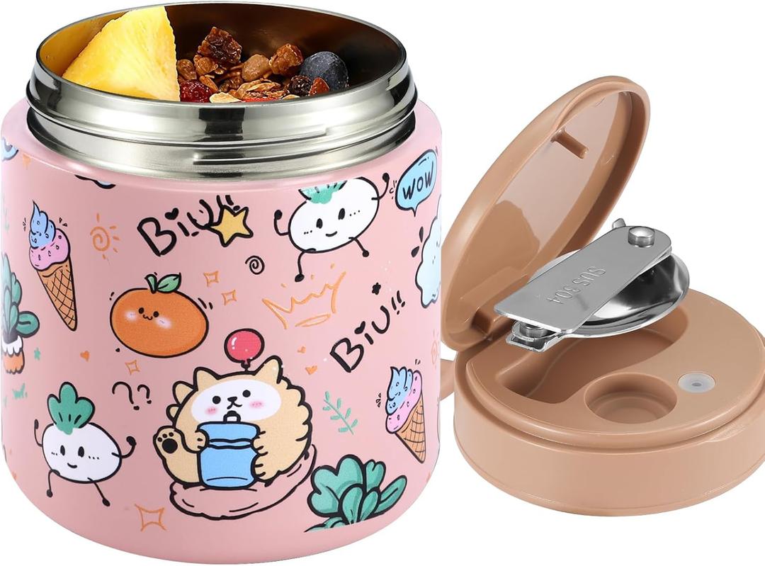15.2oz Kids Thermo for Hot Food Vacuum Insulated Food Jar with 316 Stainless Steel Interior, Leakproof Wide Mouth Soup Thermos for School Lunch (Ice Cream Pink)