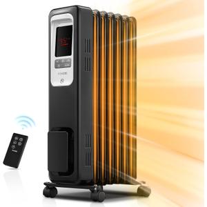 FOHERE Oil Filled Radiator Heater for Indoor Use Large Room, Safe with Thermostat, 1500W Quiet Energy Efficient Space Heater with Remote, 4 Modes, 24H Timer, Overheat Protection, Black