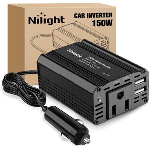 Nilight 150W Power Inverter 12V DC to 110V AC Car Charger Converter with 3.1A Dual USB Ports and 1 AC Outlets for Phones Tablets Laptop Computer Game Console Kindle iPad DVD Players Black