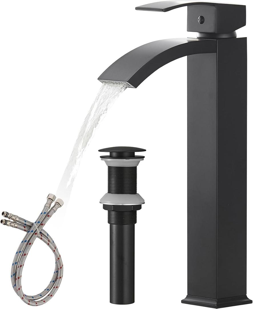 Matte Black Bathroom Vessel Sink Faucet, Waterfall Bathroom Faucets, Tall Spout Single Handle Single Hole Bathroom Faucets with Pop Up Drain and Without Overflow Basin Faucet Supply Line