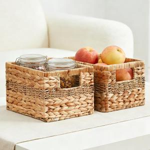Water Hyacinth Wicker Basket, Decorative Woven Baskets with Built-in Handles, Hand-woven Storage Organizer for Organizing Pantry, Livingroom, Bedroom, Shelves, Toilet(2-PACK, Blended)