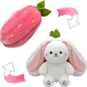 YOUBLEK Bunny Stuffed Animal, Strawberry Reversible Cuddle Bunny Plush Doll with Zipper, Cute Soft Rabbit Toys Pillow for Kids and Adults, Easter Bunnies Plushies Gifts (13.80 inches)