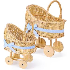2PC Wicker Carriage Flower Basket, Willow Centerpiece Decor Wooden Wheels