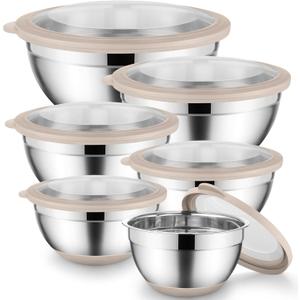 Onader Mixing Bowls with Lids Set of 6, Large Metal Nesting Mixing Bowls, Stainless Steel Non-Slip Salad Bowl Khaki Size 1, 1.5, 2, 2.6, 3.5, 7QT