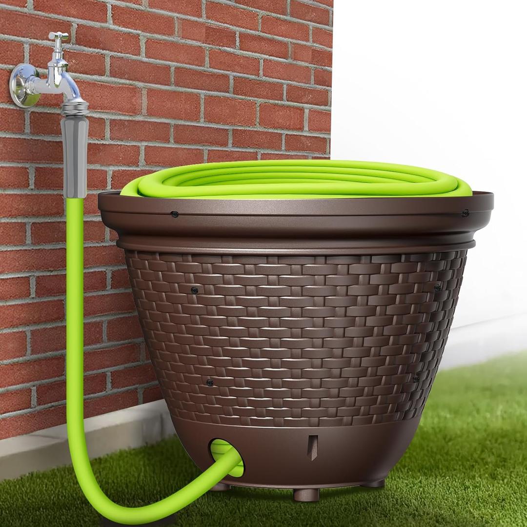 Garden Hose Holder Pot, Decorative Wicker Hose Holder, Water Hose Storage for Outside/Garage, Hose Box Fits 100-400 FT Hoses with 5 Drain Holes, Large Capacity & Assembly Required, Java