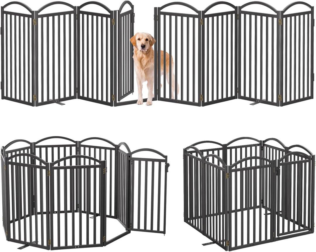 Malier Metal Freestanding Dog Gates with Door, 32'' Height Outdoor Indoor Dog Fences, Extra Wide Foldable Puppy Gate for Stairs (Black, 8 Panels with Door 160''W 32''H)