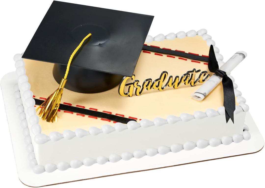DecoPac Mega Graduation Cake Topper Set, Grad Cap, Gold Graduate Pic, & Diploma Cake Decoration Kit - 3 Piece Set