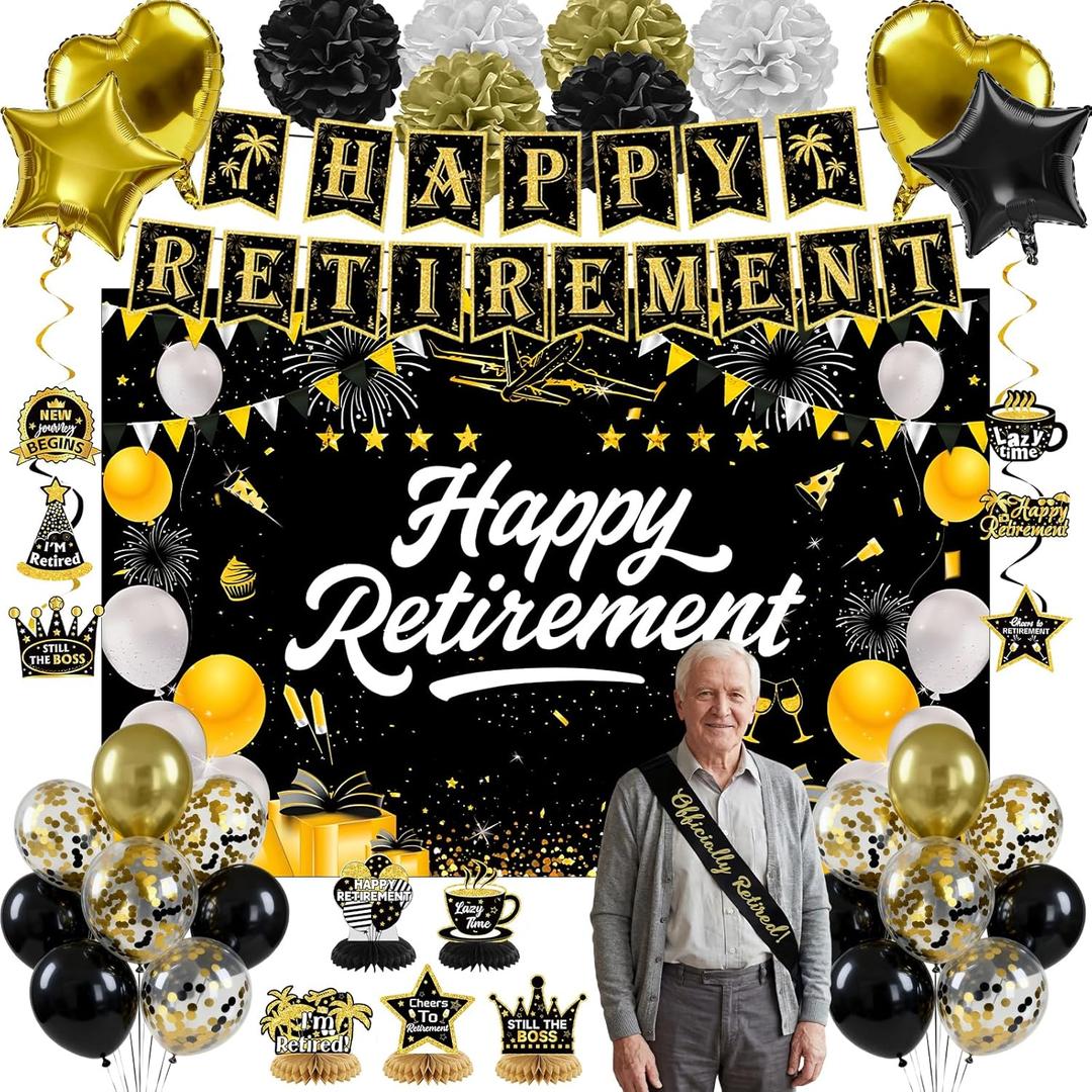 Retirement Party Decorations, Black Gold Happy Retirement Decorations for Women Men Happy Banner & Backdrop Hanging Swirls Foil Balloon Retire Sash Paper PomPoms and Honeycomb Centerpieces