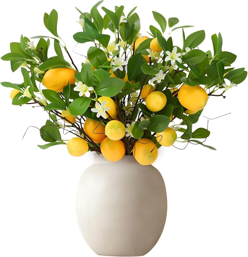 Artificial Lemon Branches 8 Heads per Stem 4 Pack Faux Lemons with Leaves Kitchen Table Centerpiece Decor Fake Lemon Tree for Vases Farmhouse Party Summer Home Yellow Decorations