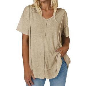 Tankaneo Womens Oversized Tshirts Knit V Neck Short Sleeve Tunic Tops Summer Casual Loose Fit Tee Shirts (L)