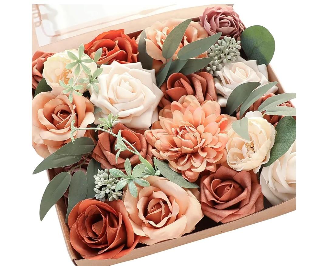 Floroom Terracotta Artificial Flowers Burnt Orange Fake Roses Peonies Dahlia Greenery Combo Box Set for DIY Wedding Bouquets Bridal Shower Centerpieces Floral Arrangements Party Tables Home Decoration