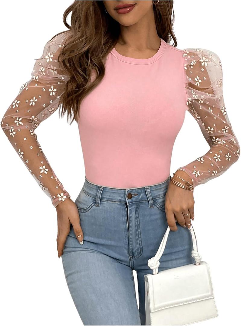 OYOANGLE Women's Floral Embroidery Mesh Puff Long Sleeve Tee Slim Fitted Knit Casual Blouses Tops (Pink, M)