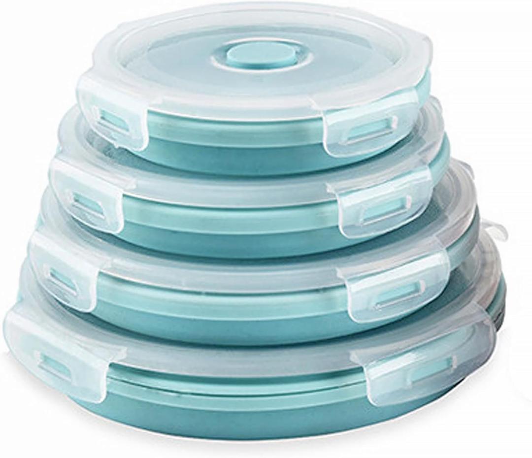 CARTINTS Silicone Collapsible Food Storage Containers-Prep/Storage Bowls with Lids  Set of 4 Round Silicone Lunch Containers  Microwave and Freezer Food Containers (Blue)