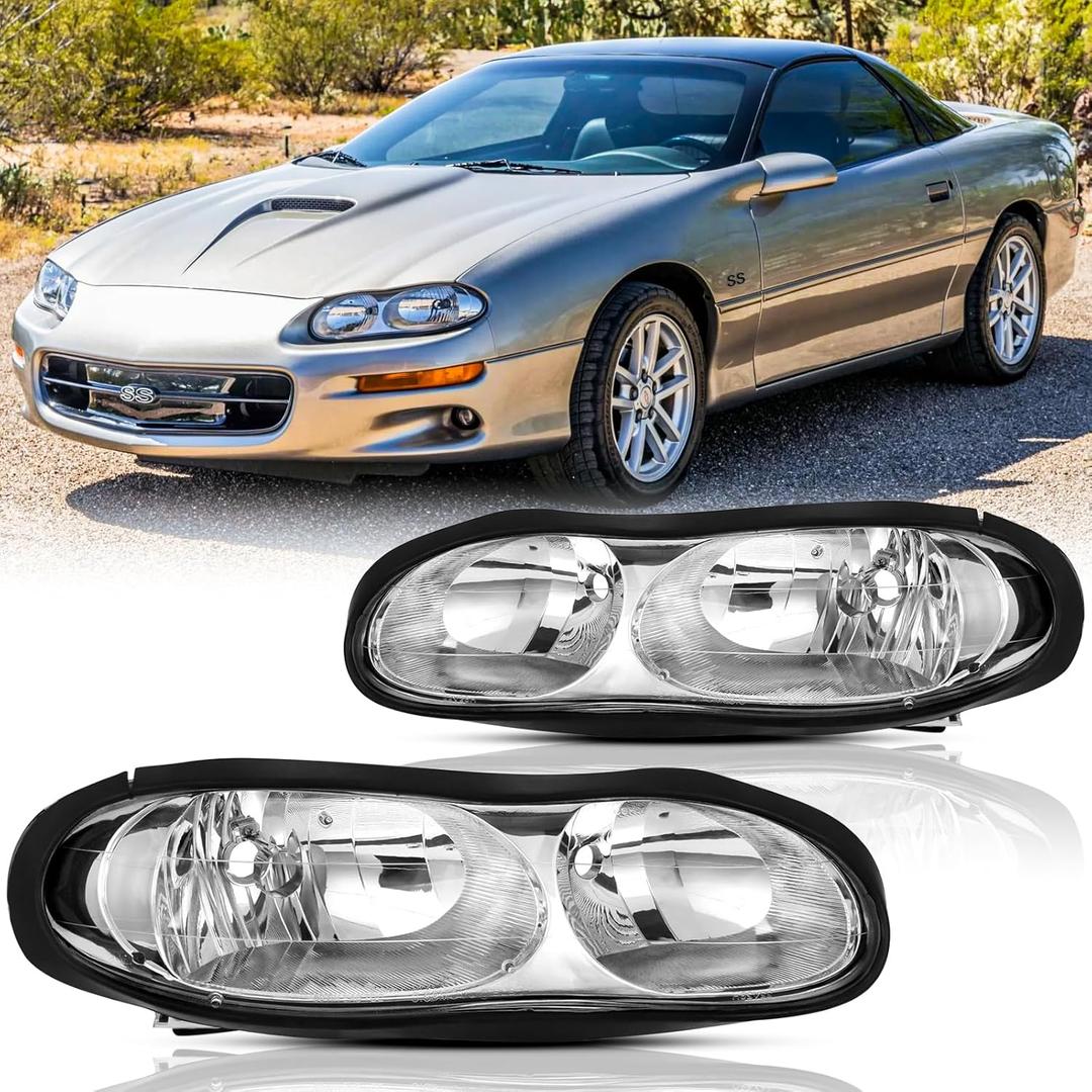 Headlights Assembly Pair for 1998-2002 Chevy Camaro 4th Gen Direct Replacement Halogen Headlamps Driver and Passenger Side, Chrome Housing Clear Reflector