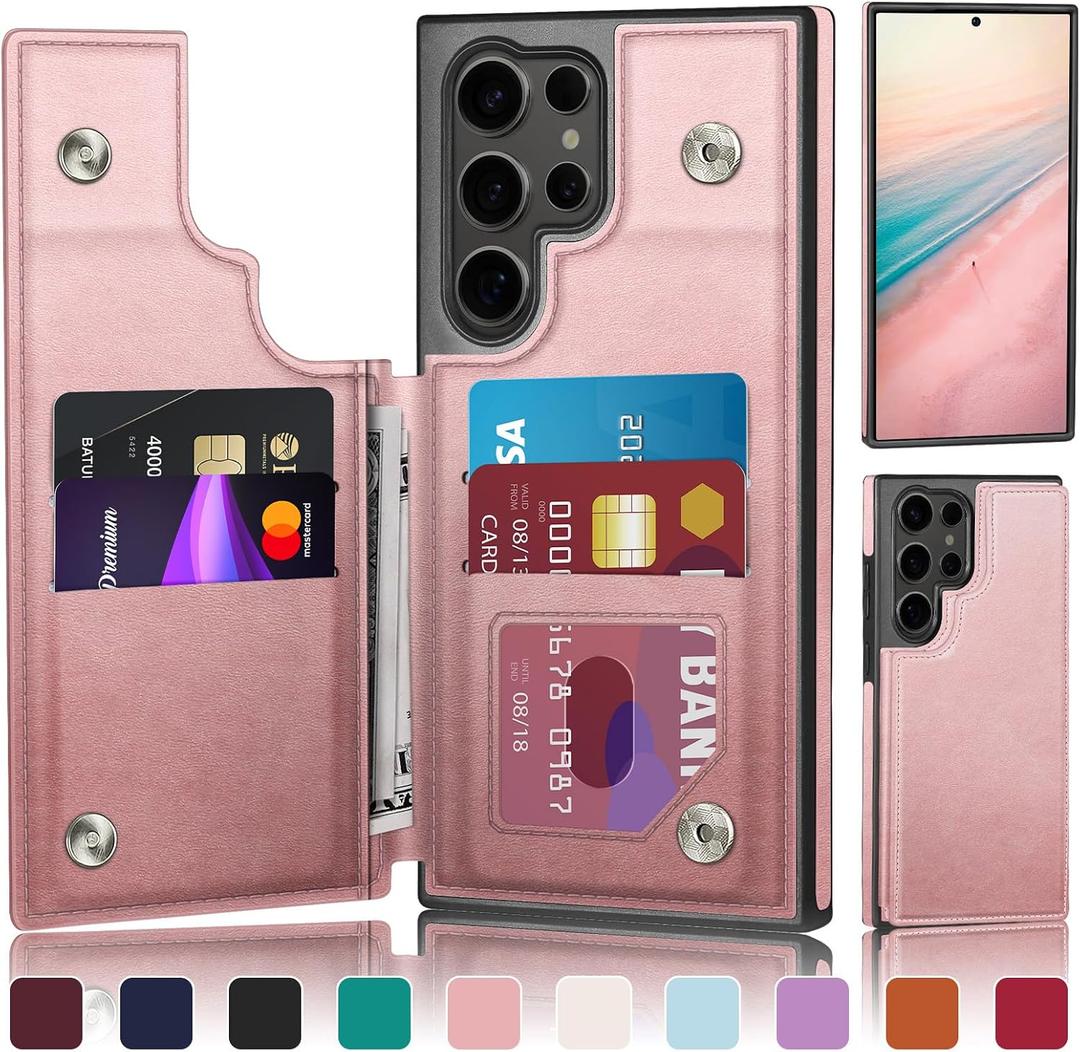 DJDUCK Designed for Samsung Galaxy S24 Ultra Case Wallet with Card Holder, [Magnetic Clasp Cover] [RFID Blocking Leather Protection] Shockproof Women Men Cases for Samsung S24 Ultra Rose Gold