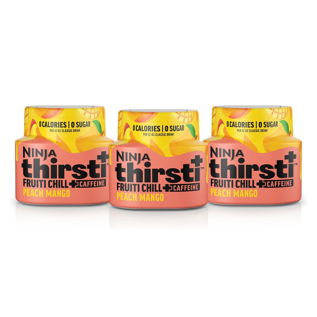 Ninja Thirsti Flavored Water Drops, FRUITI CHILL+ Peach Mango, Bold Fruit Flavor with Caffeine,Sparkling or Still, Zero Calories, Zero Sugar, Makes 17, 12oz drinks, 3 Pack, WCFPCMGAM