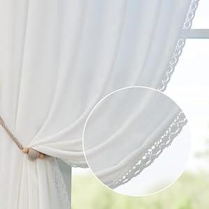 jinchan White Linen Curtains 90 Inches Long 2 Panels Curtains with Lace Trim for Living Room Rustic Farmhouse Curtains Rod Pocket Back Tab Light Filtering Curtains Bedroom Window Curtain Set