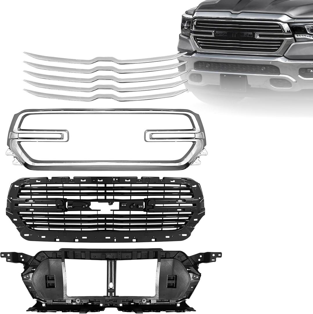 Grille Set 8pcs Compatible with Dodge Ram 1500 2019 2020 2021 2022 Front Upper Bumper Grill + Mesh Cover Plate + Grille Base Back Bracket + Front Grille Trim Covers 68404863AD (Chrome)