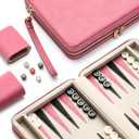 Backgammon Sets for Adults and Kids, Classic Backgammon Board with Unique Checkers Dice, Folding Faux Leather Backgammon Case, Portable Travel Backgammon Game Set (Pink)