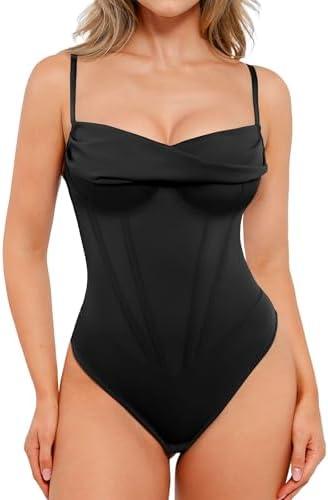 Popilush Corset Bodysuit for Women Tummy Control Shapewear Bodysuits Cowl Neck Going Out Tops Thong Body Suit Concert Outfits, XL