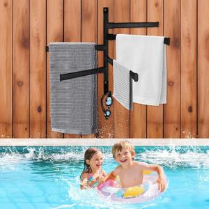 Rotating Pool Towel Rack, 5 Bars Swivel Outdoor Towel Rack with Hook Space Saving Wall Mounted Metal Towel Holder Swing Out Ideal for Pool, Hot Tub,Shower,Balcony