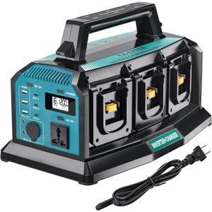 2-in-1 Portable Inverter Charger, 1200W Pure Sine Wave Inverter & 6A Rapid Charger for Makita 18V Battery, 6-Port DC to AC 120V Converter, 3 USB-A + 3 USB-C, 300lm LED Light for RV Camp Off-Grid