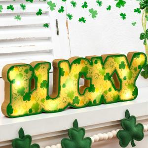 Leinuosen Light up St Patricks Day Decorations for Table Wooden Lucky Decor for Bedroom Sign St Patricks Day Table Decor LED Marquee Sign Battery Powered for Office Home Saint Patrick's Decorations