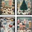 Locomiss Christmas Town Wall Art Decor Posters, Cute Retro Christmas Village Houses Winter Holiday Wall Art Decor Gifts For Farmhouse Home Living Room Bedroom Bathroom, Set of 4 (8x10 Unframed)