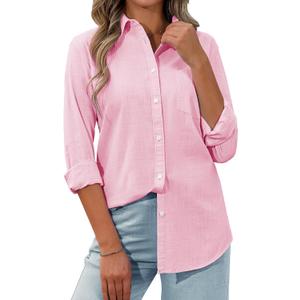 siliteelon Womens Button Down Shirt Linen Button Up Shirts for Women Long Sleeve Summer Shirt Collared Blouse Linen Tops (X-Large, Pink)